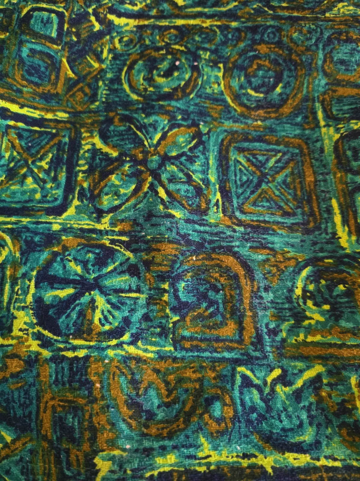 Vintage 60s Bark Cloth Tiki Hawaiian Barkcloth Blue Green Fabric 46X40\
