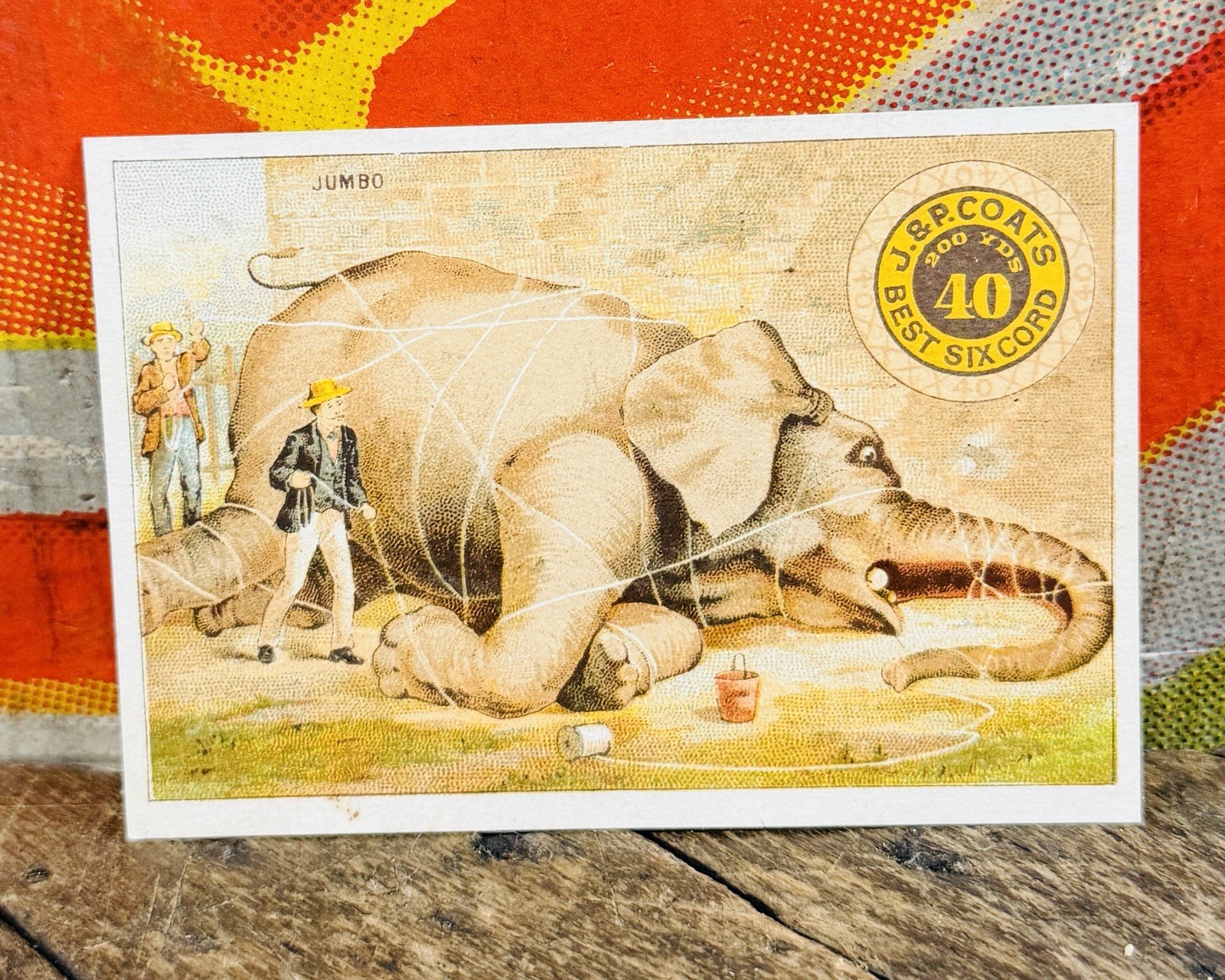 ANTIQUE C. 1880 J. & P. COATS TRADE CARD SIGN ELEPHANT HUNTER SPOOL COTTON RARE