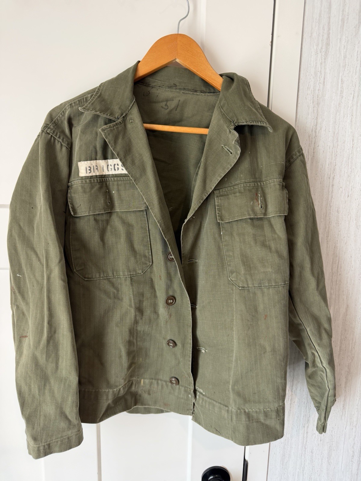 Vintage 1940s 1950s US Army HBT Utility Shirt Jacket Olive Cotton Distressed