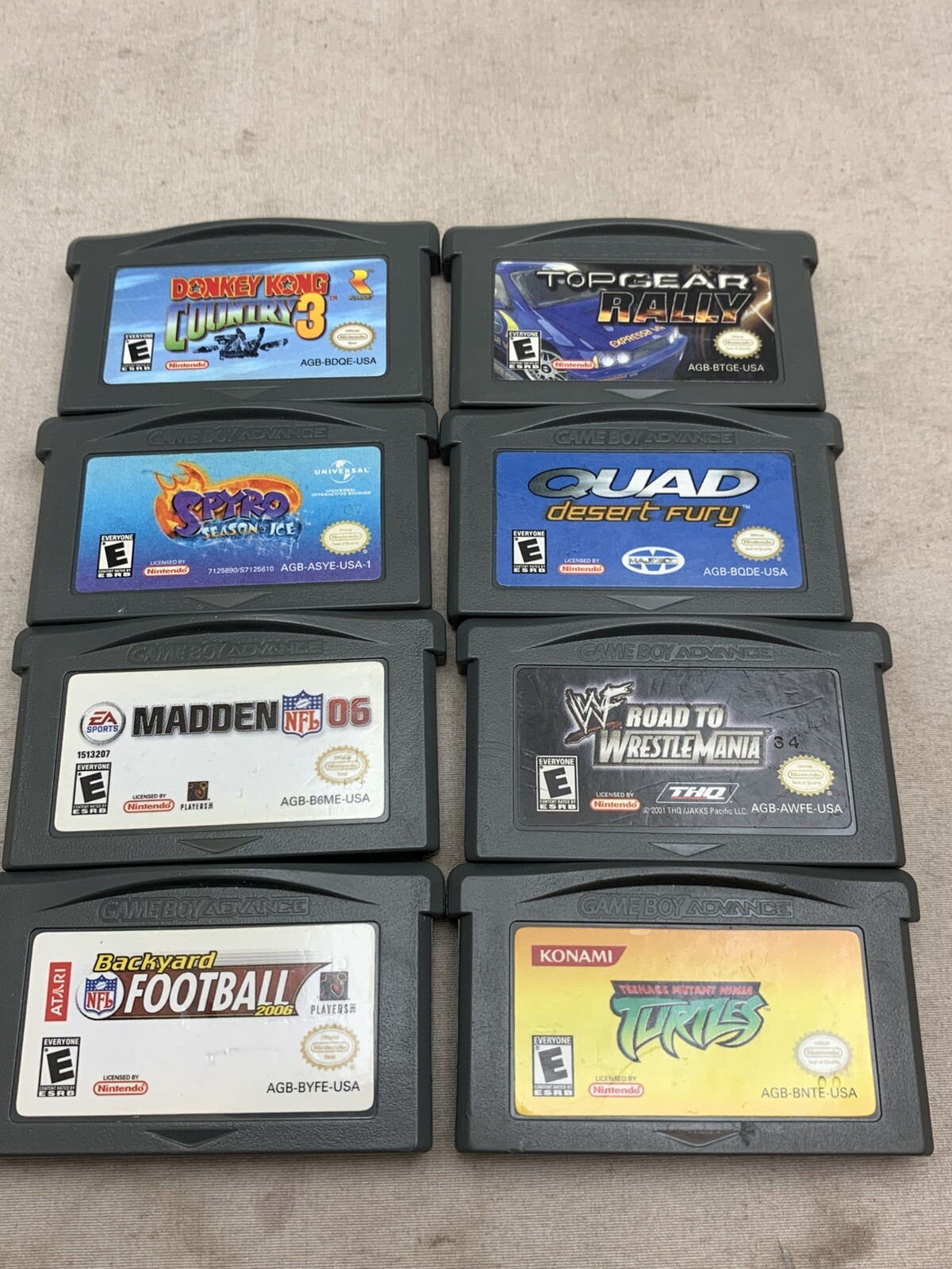 Lot 8 GBA Games WWF Road to Wrestlemania, DONKEY KONG, SPYRO, QUAD, MADDEN, TNMT