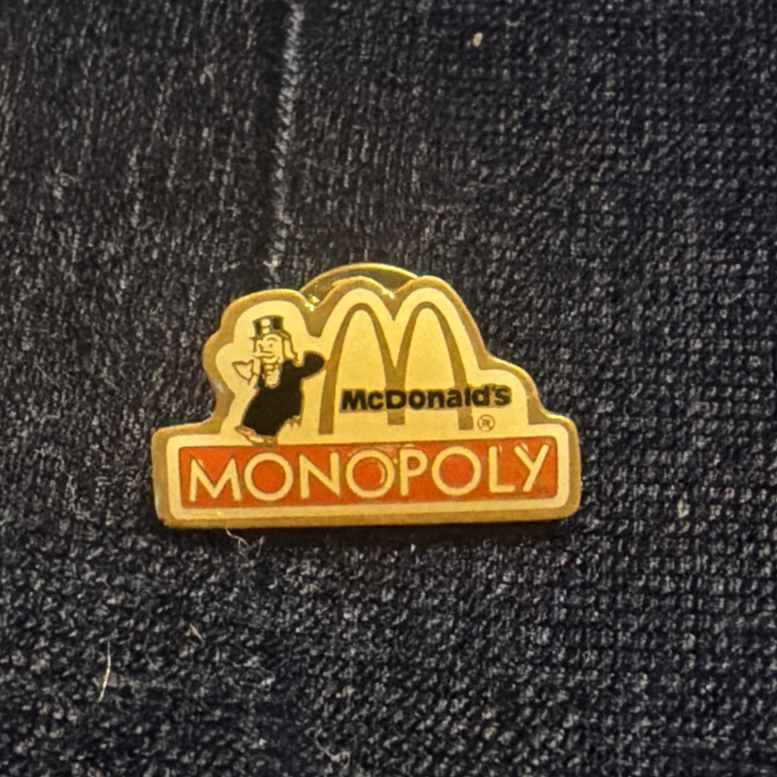 Vintage 1987 McDonald\'s Monopoly Game Promo Enamel Crew Pin Lapel Hat Tie Yellow