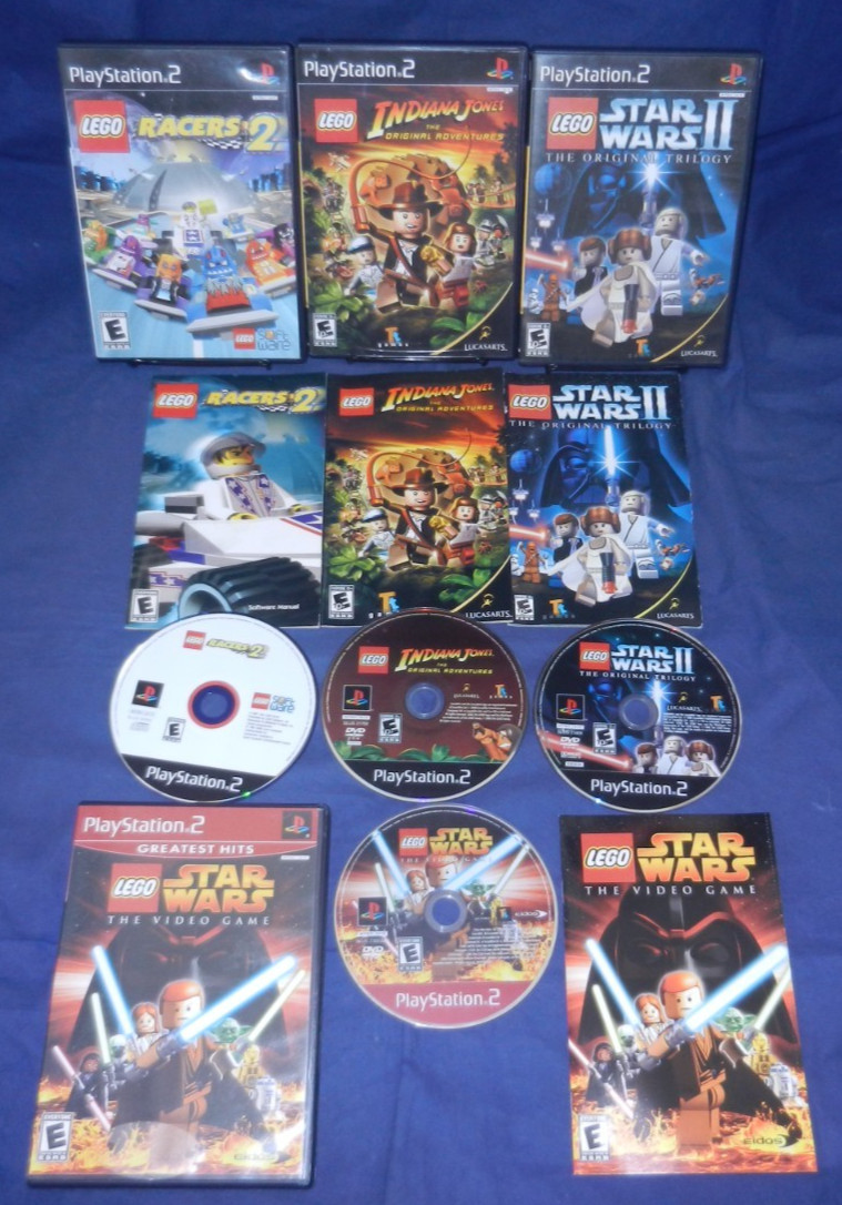 PS2; LEGO Racer 2, LEGO Star Wars 1 & 2, LEGO Indiana Jones, w/Manuals, VG