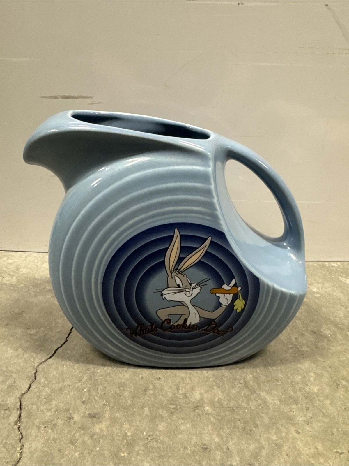 Vtg Fiesta Large Disc Pitcher Homer Laughlin Blue Looney Tunes Bugs & Foghorn