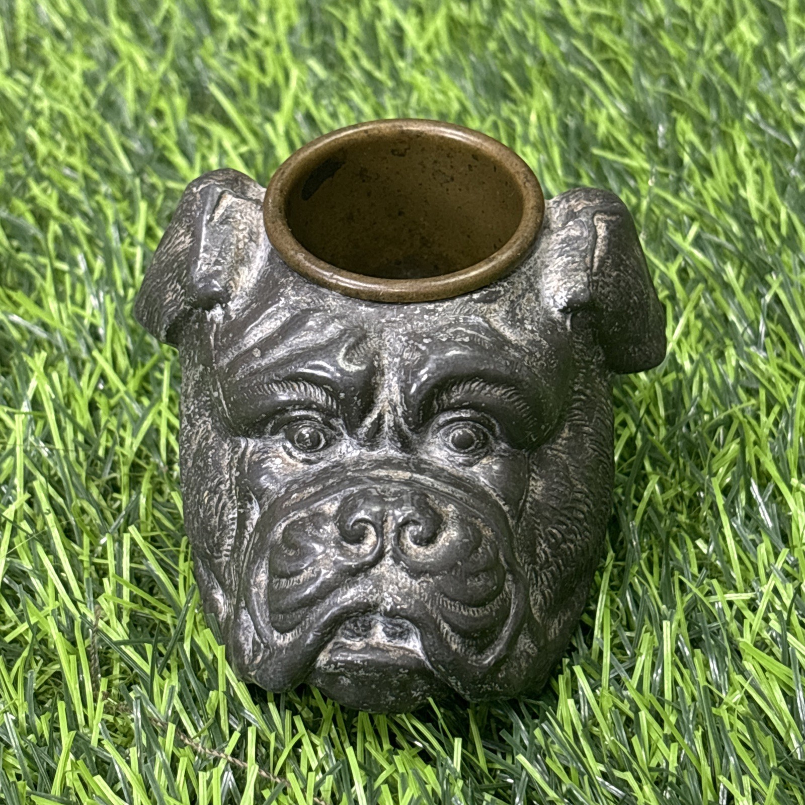 Antique 1890s Pewter Bulldog Head Match Holder Vesta Striker Rare Figural