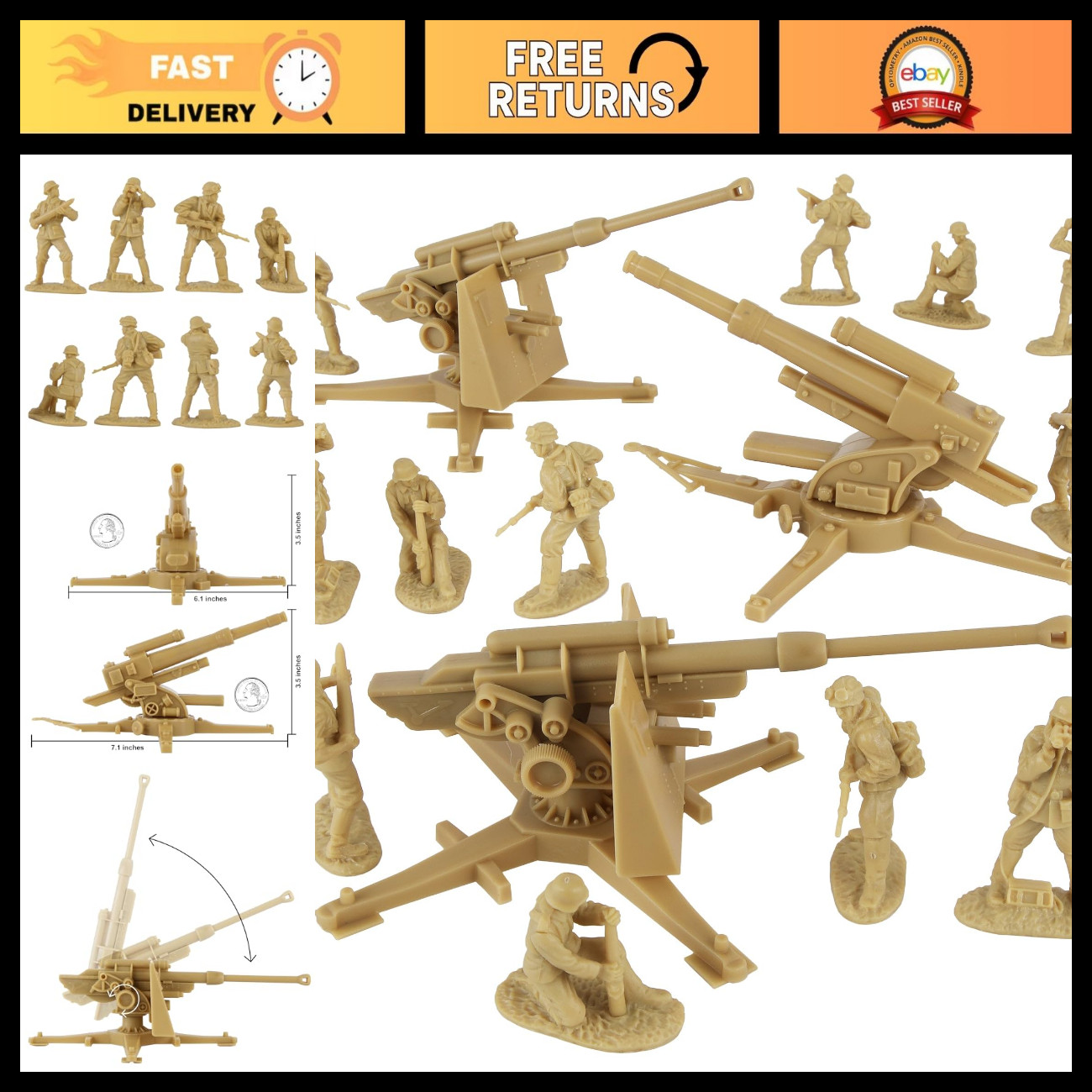 WW2 German 88mm Flak Artillery Set with 15 Tan Army Men Figures - Military Model