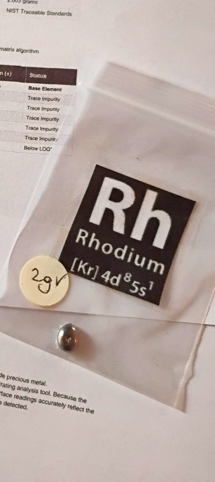 Rare 2g Refined Bead Of Pure Rhodium Precious Metal From Nova Elements