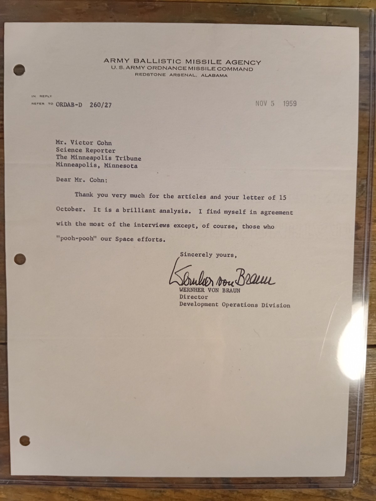 RARE 1959 Wernher von Braun Hand-Signed Letter - Army Ballistic Missile Agency