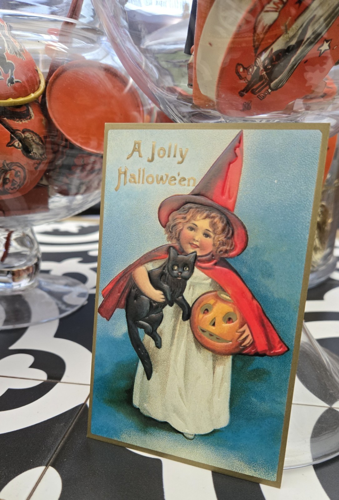 Vintage embossed Halloween witch postcard, Black Cat Pumpkin