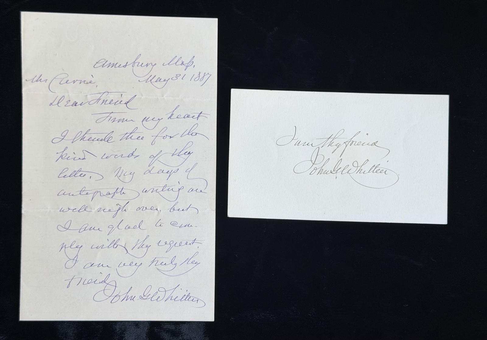 JOHN GREENLEAF WHITTIER - 1887 LETTER & CARD SIGNED - Genuine signatures