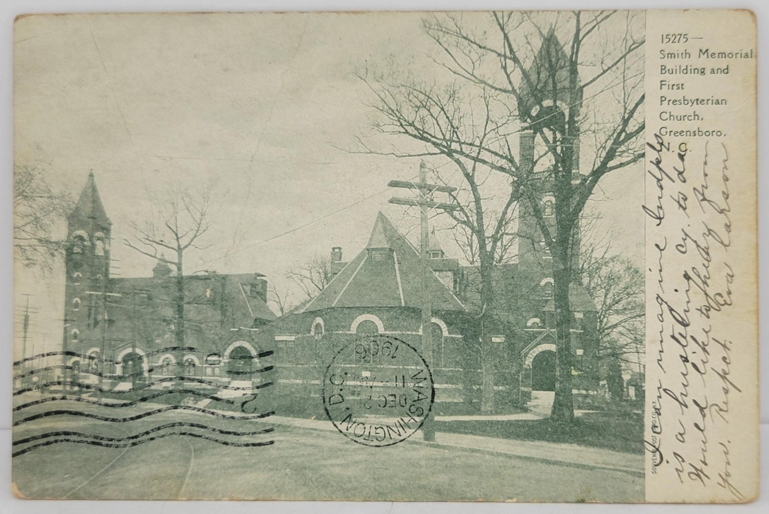 Greensboro North Carolina First Presbyterian Church Smith Memorial 1906 Postcard