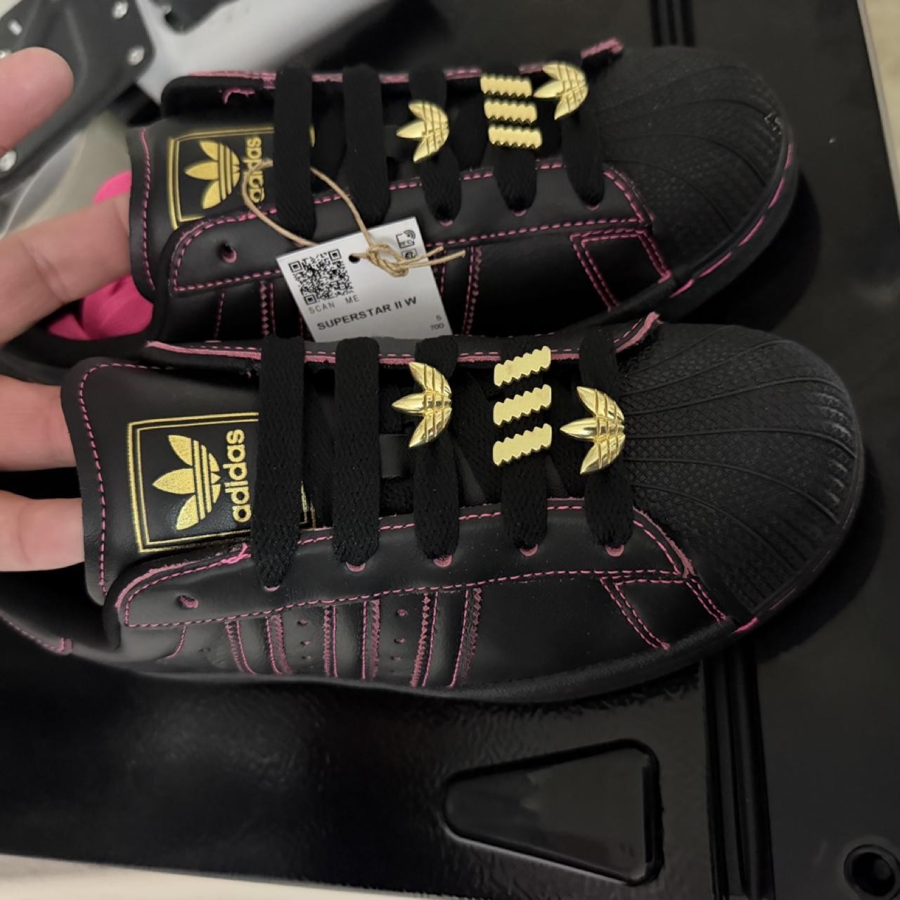 Adidas Superstar II Black Sneakers, Pink Stitching, Size US 6.5 #Retro