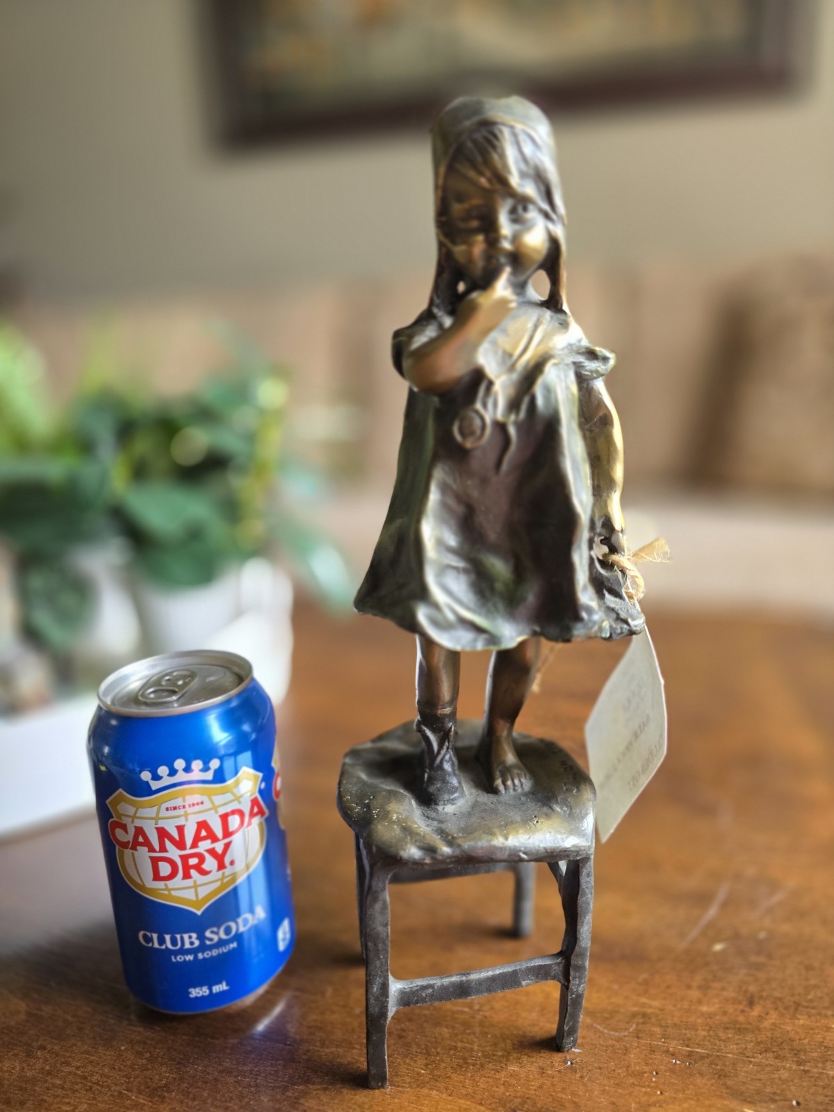 Signed Juan Clara Bronze Girl Standing on Chair Sculpture – 14\