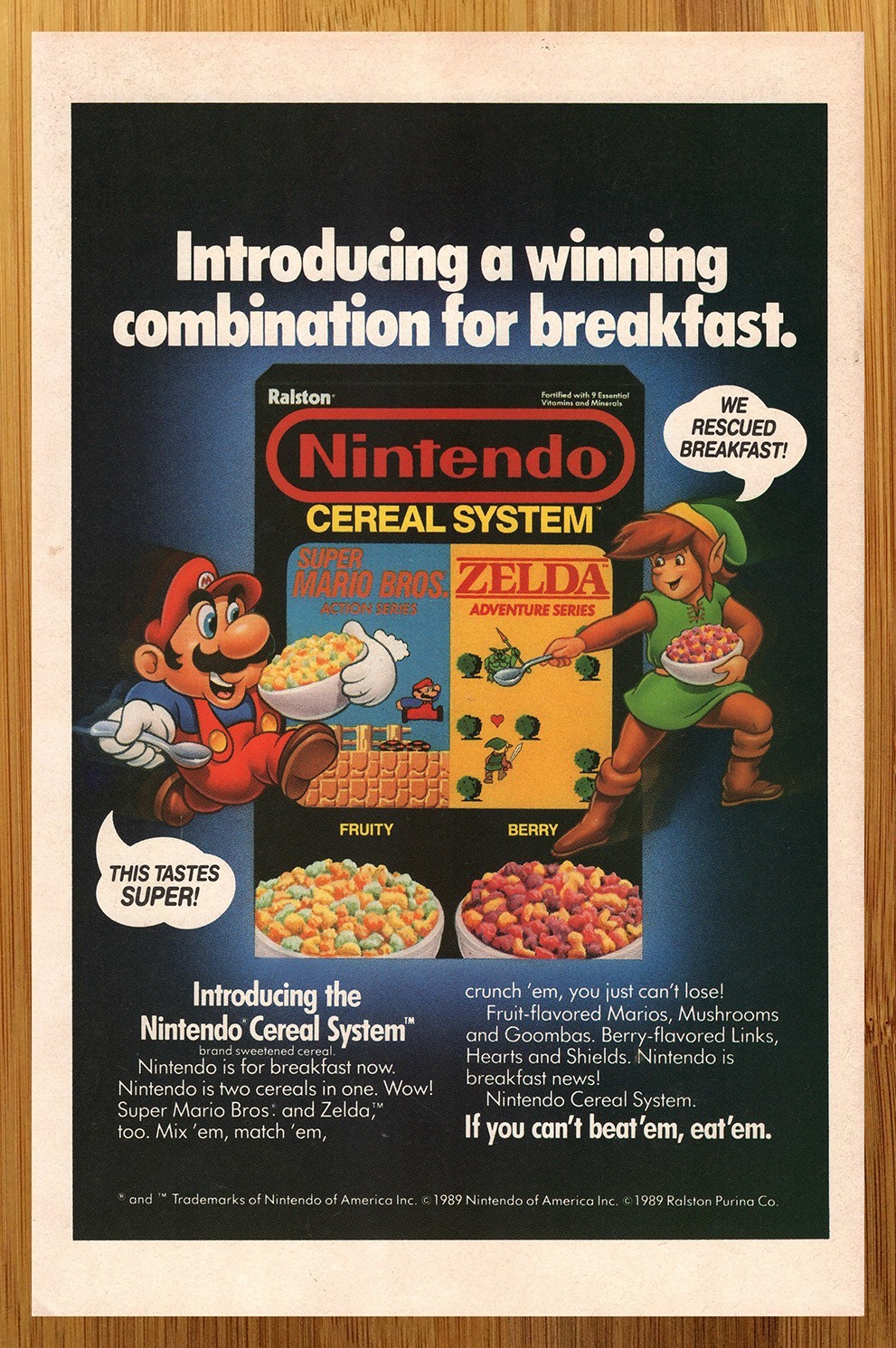 1989 Nintendo Cereal System Vintage Print Ad/Poster NES Mario Zelda Game Art 80s