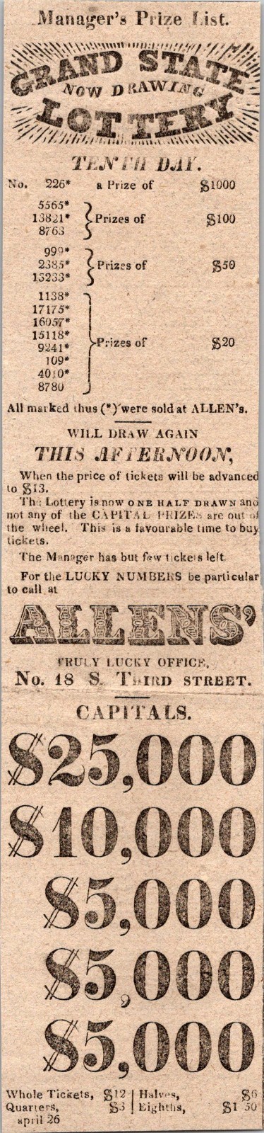 Allen\'s Manager\'s Prize List Grand State Lottery 1820 Clipping TAJ7-H1