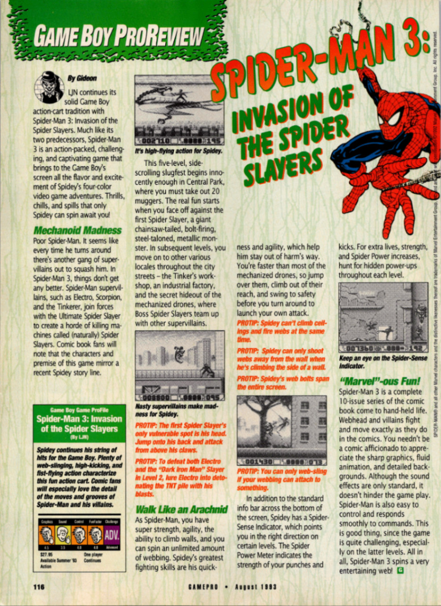 Vintage GamePro 1993 Magazine Page Spider-Man 3 Game Boy Review LJN Ad