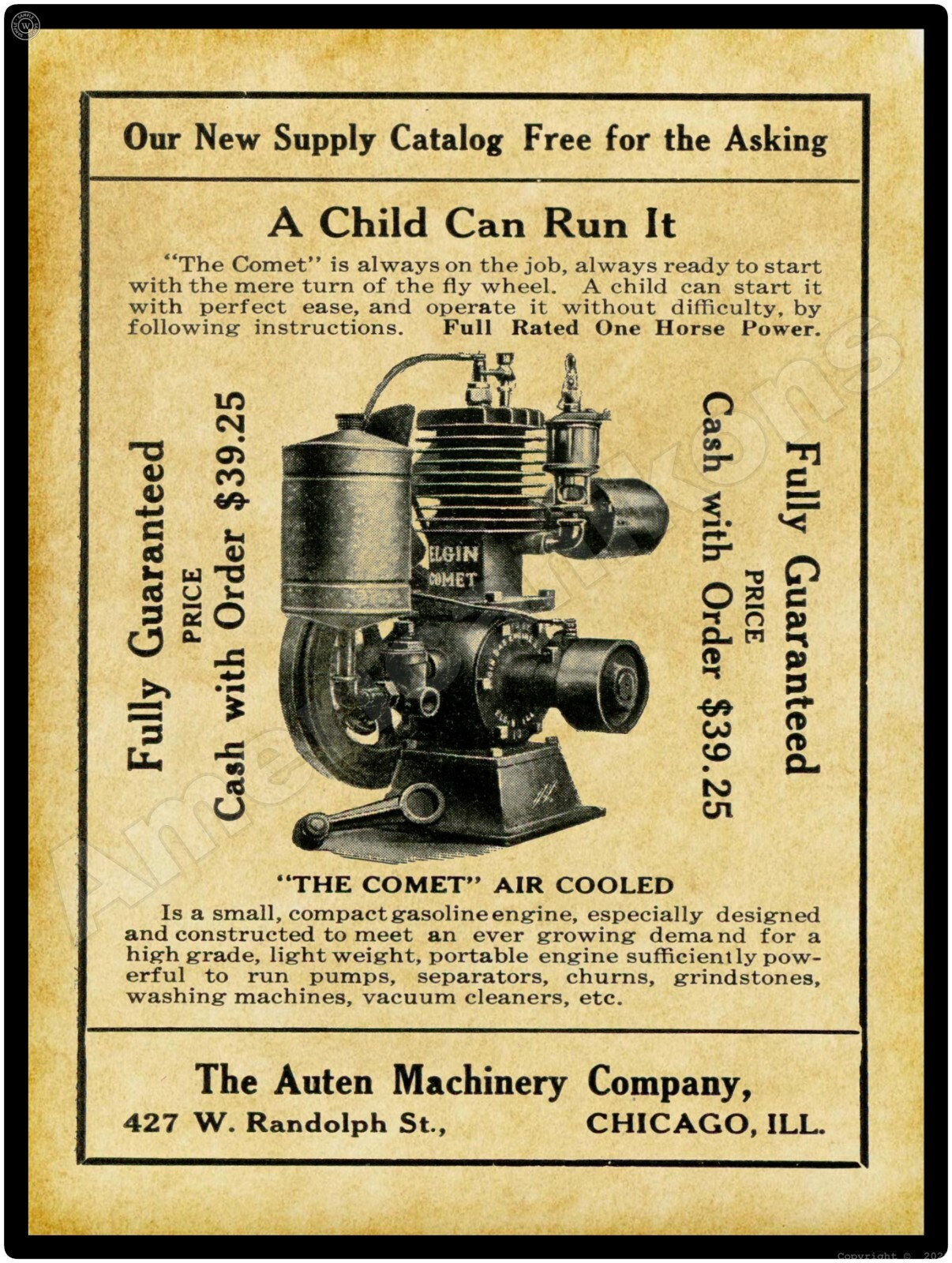 1911 Auten Machinery Co Elgin Comet Gas Engines New Metal Sign: Chicago Illinois