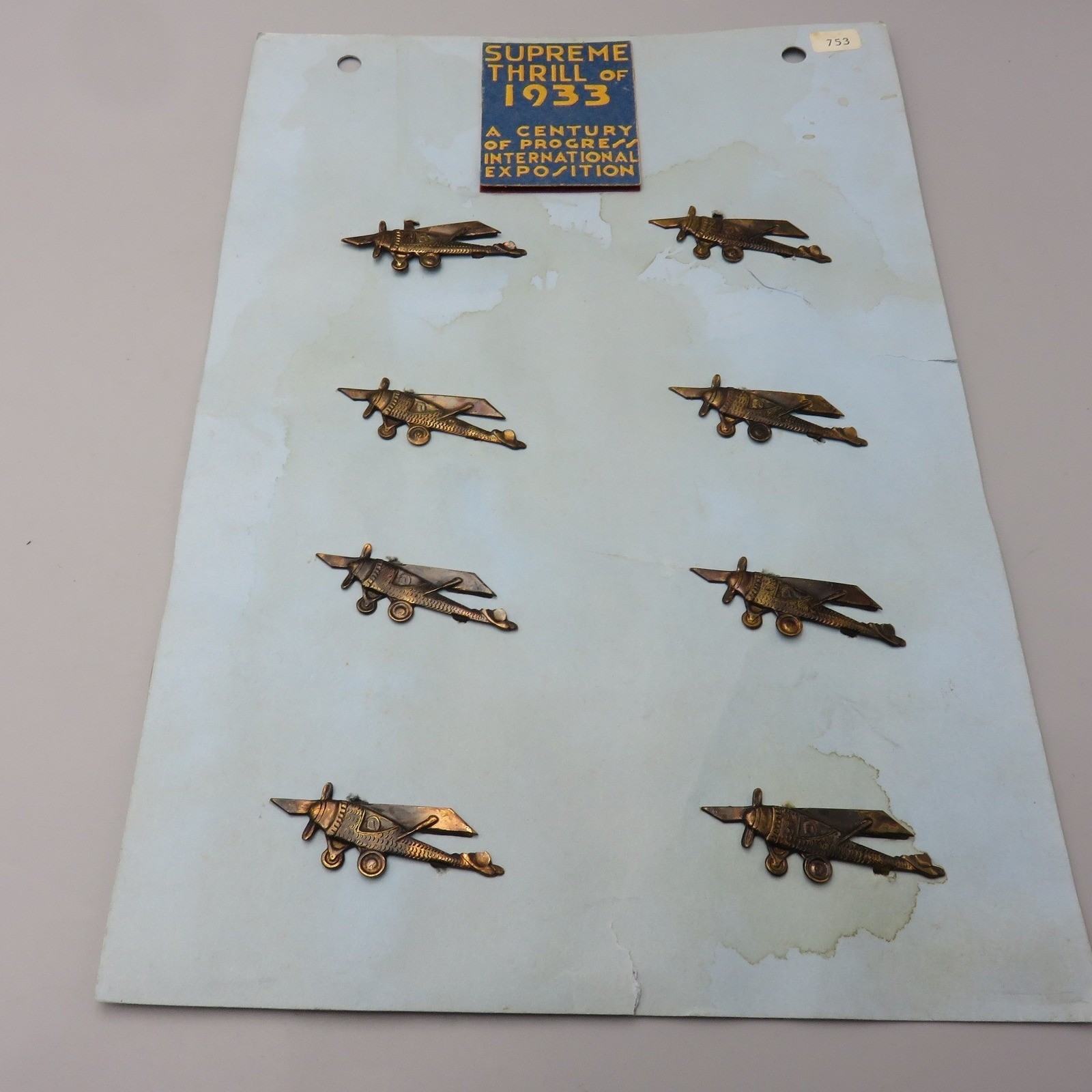 Vintage 1933 Chicago Worlds Fair Airplane Pins Century of Progress Display Card