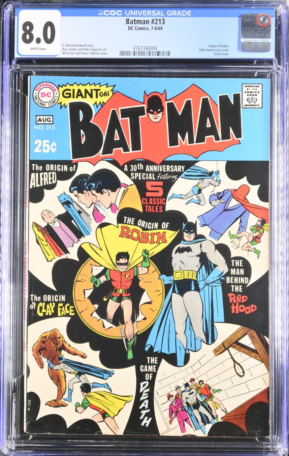 Batman #213 CGC 8.0 White Pages 1969 Origin Robin Red Hood Clayface Giant