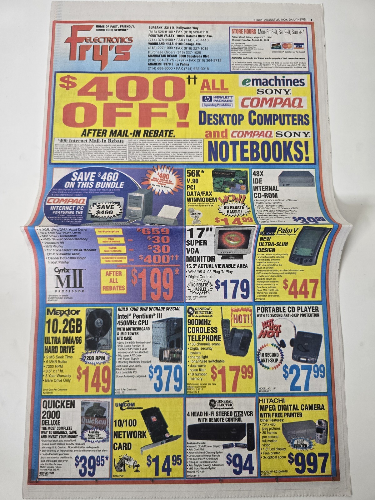 1999 Fry\'s Hot August Ad Apple iMac Linux Windows 98 Palm 22in Foldout Ad