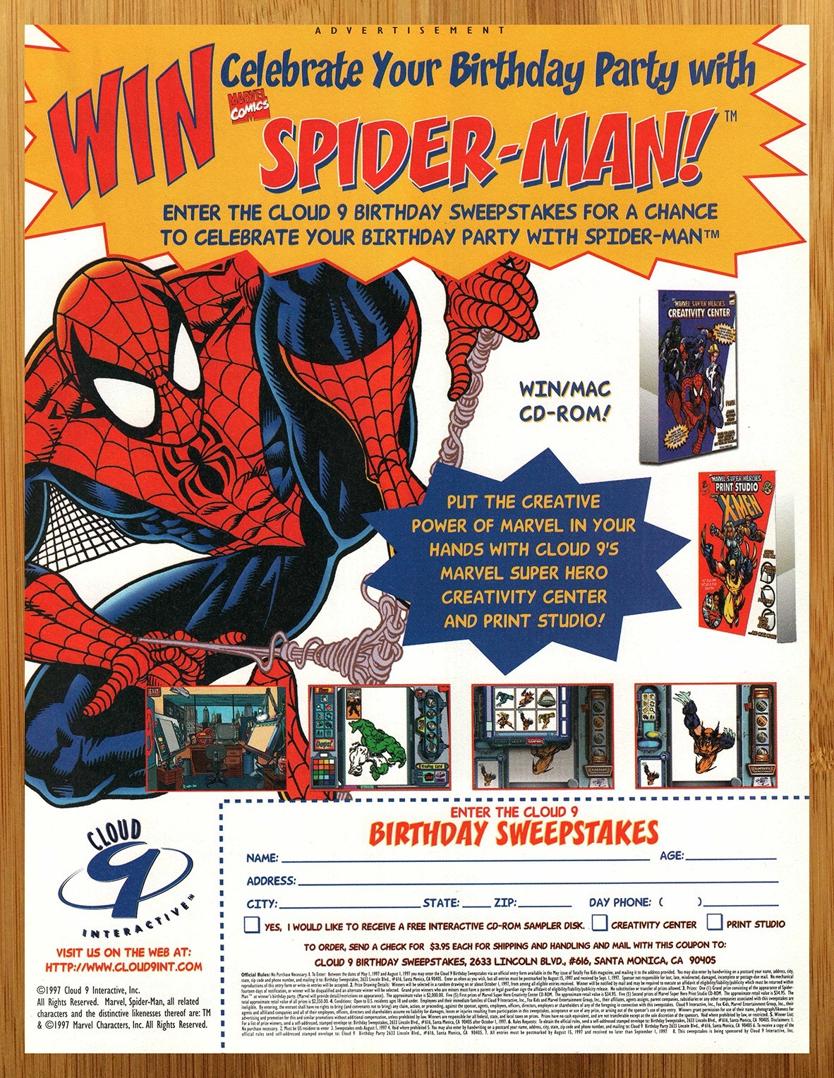1997 Cloud 9 Interactive Spider-Man CD-ROM Print Ad/Poster PC Computer X-Men Art