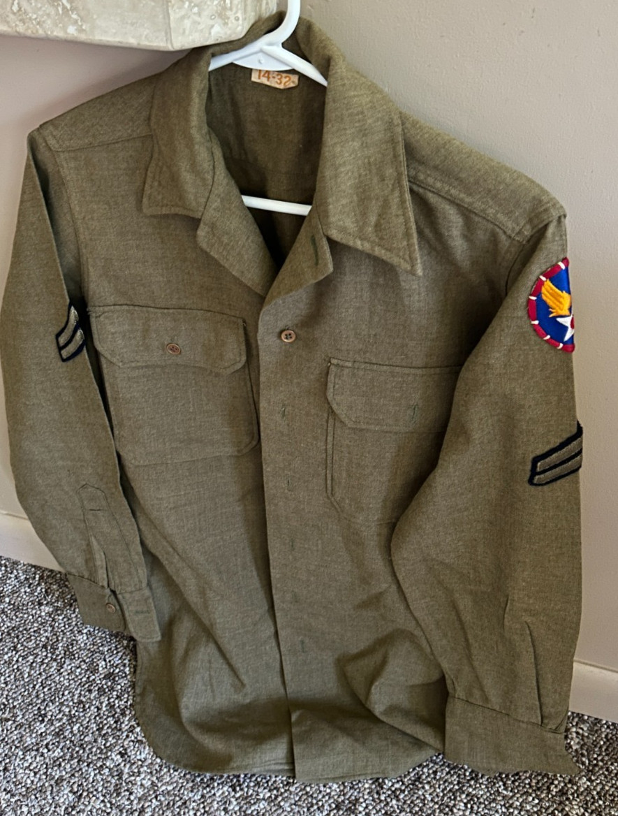 Vintage Military Green Wool Shirt WWII USAAF w/ Patches
