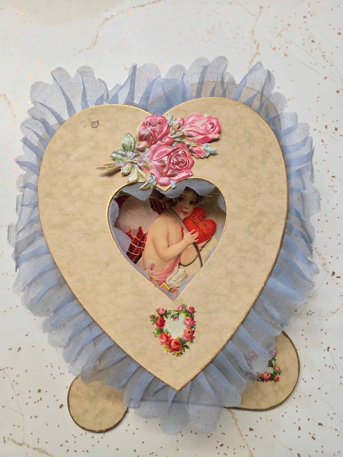 Vintage 1910s Used Valentine Chromolithograph-style Printed Cherub Layered