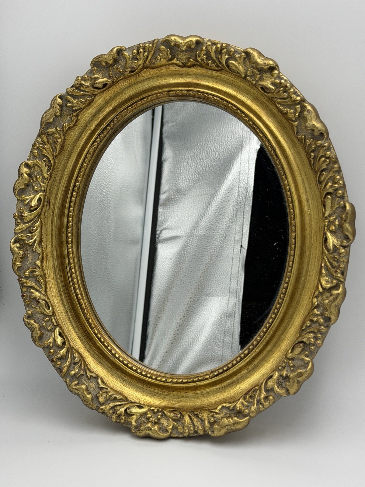 Vintage Italian  Gold Oval Wall Mirror Wood Ornate Floral Hollywood Regency