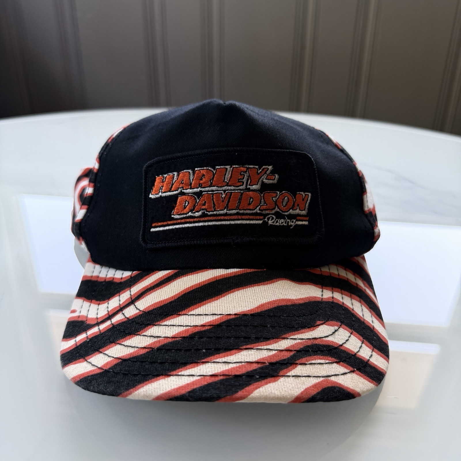 Vintage 80s Harley Davidson Stripe Snapback Hat Cap Made in USA Zubaz Tiger