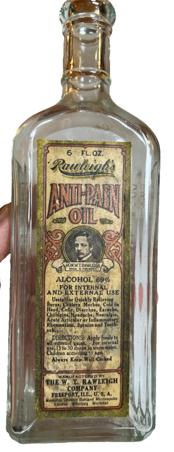 Antique Rawleigh’s Anti-Pain Bottle Label 69% Alcohol Medicine Freeport Illinois
