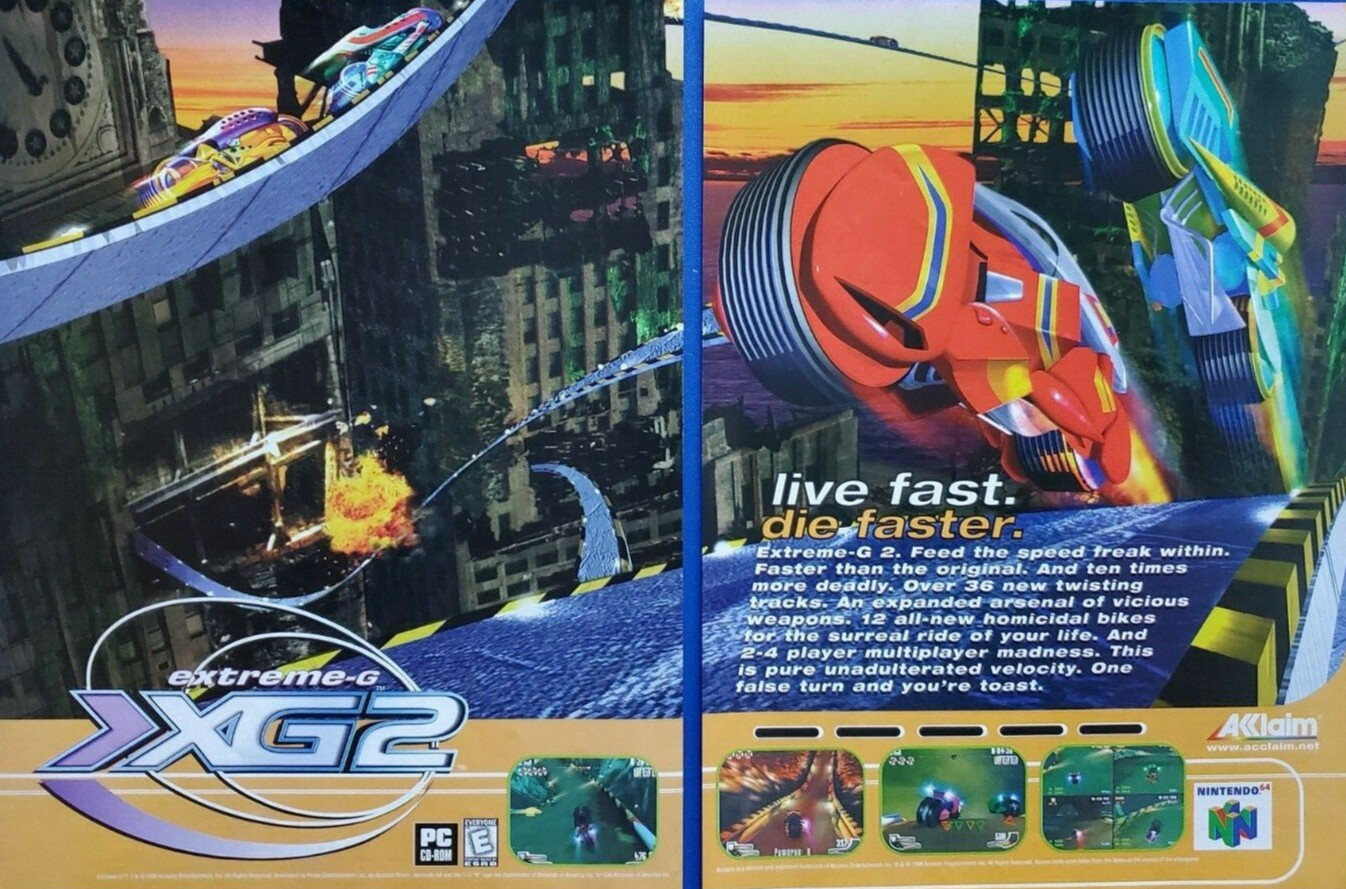 1998 Extreme-G 2 XG2 Print Ad Nintendo 64 N64 Acclaim Retro Promo Art Vtg 2pg Ad