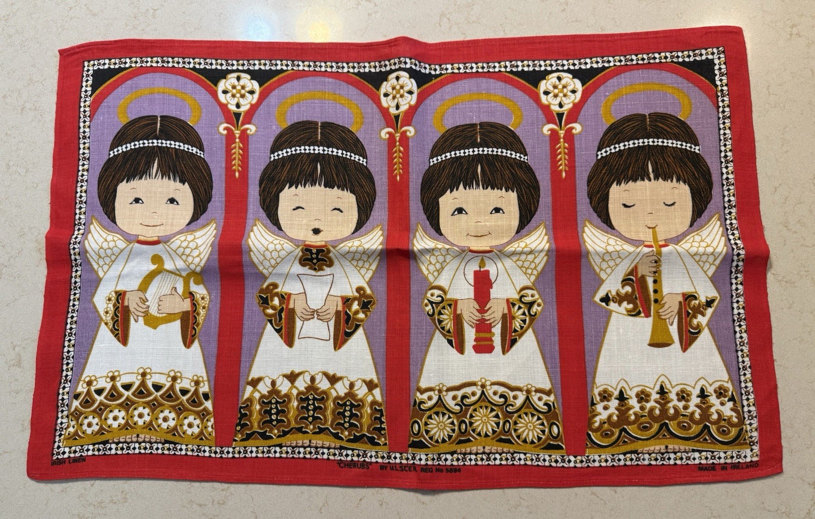 Vintage Christmas Ulscer Irish Linen “Cherubs” #5894 Angels Beautiful
