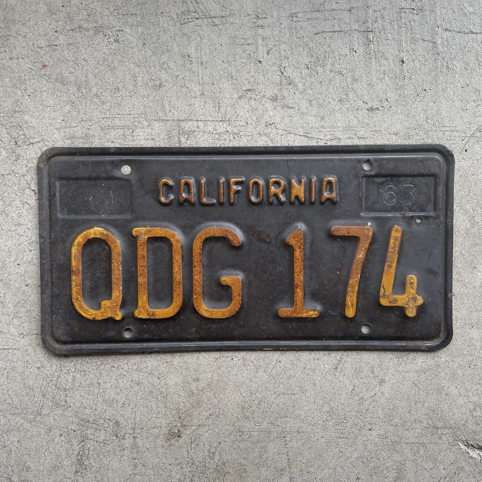 Vintage 1963 California License Plate # QDG 174 DMV Clear