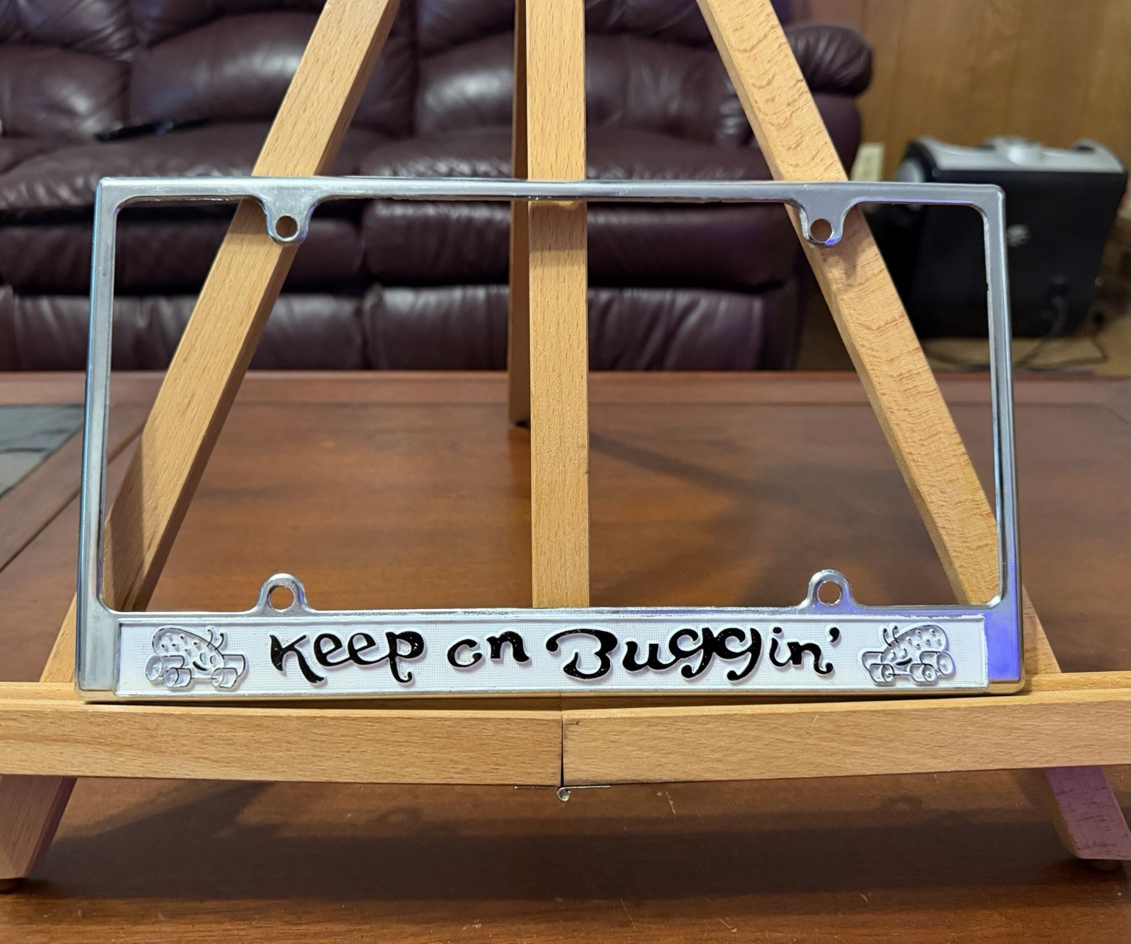 Vintage Keep On Buggin License Plate Frame Volkswagen VW Bug Bus Beetle