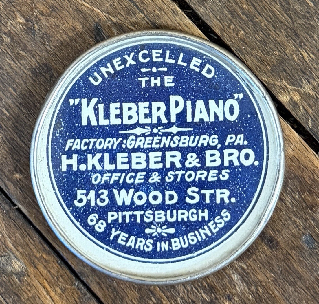 ANTIQUE C. 1914 KLEBER PIANO POCKET MIRROR SIGN OFFICE MUSIC STORE PITTSBURGH PA