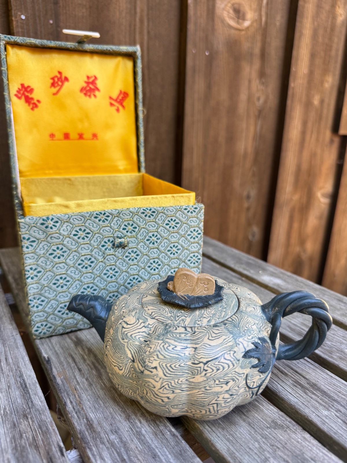 Vintage Yixing Chinese Blue Clay Teapot Leaf Butterfly with Box