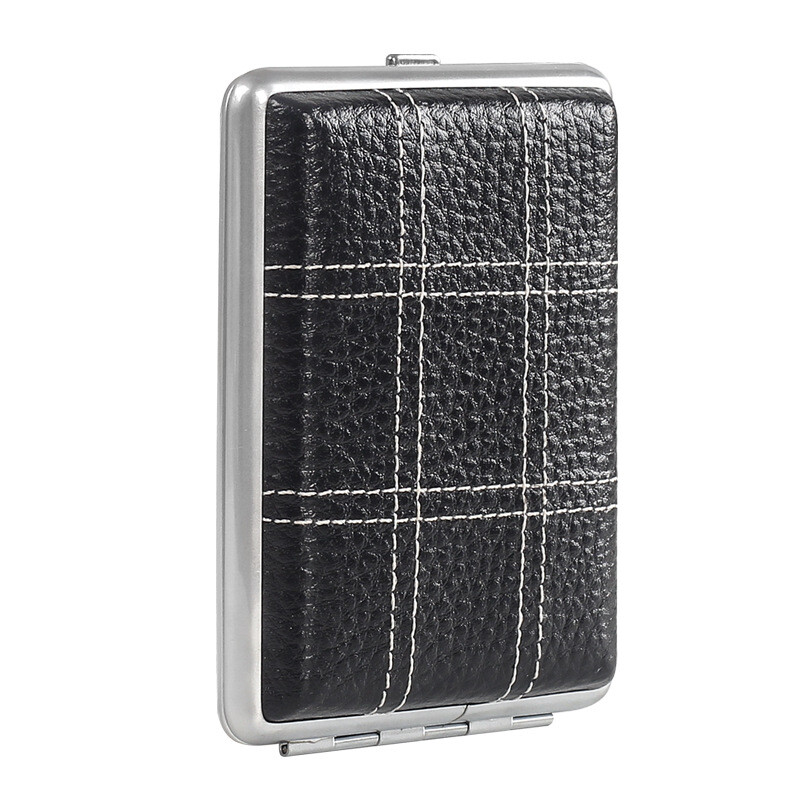 Vintage Portable Black Cowhide Metal Double Sided Cigarette Case StorageBox