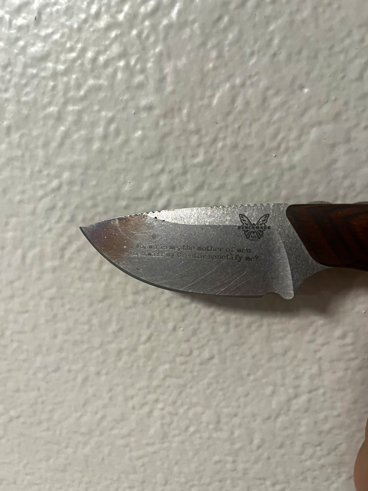 Vintage Benchmade Skinner – Wood Handle – Custom Pearl of Great Price Engraving