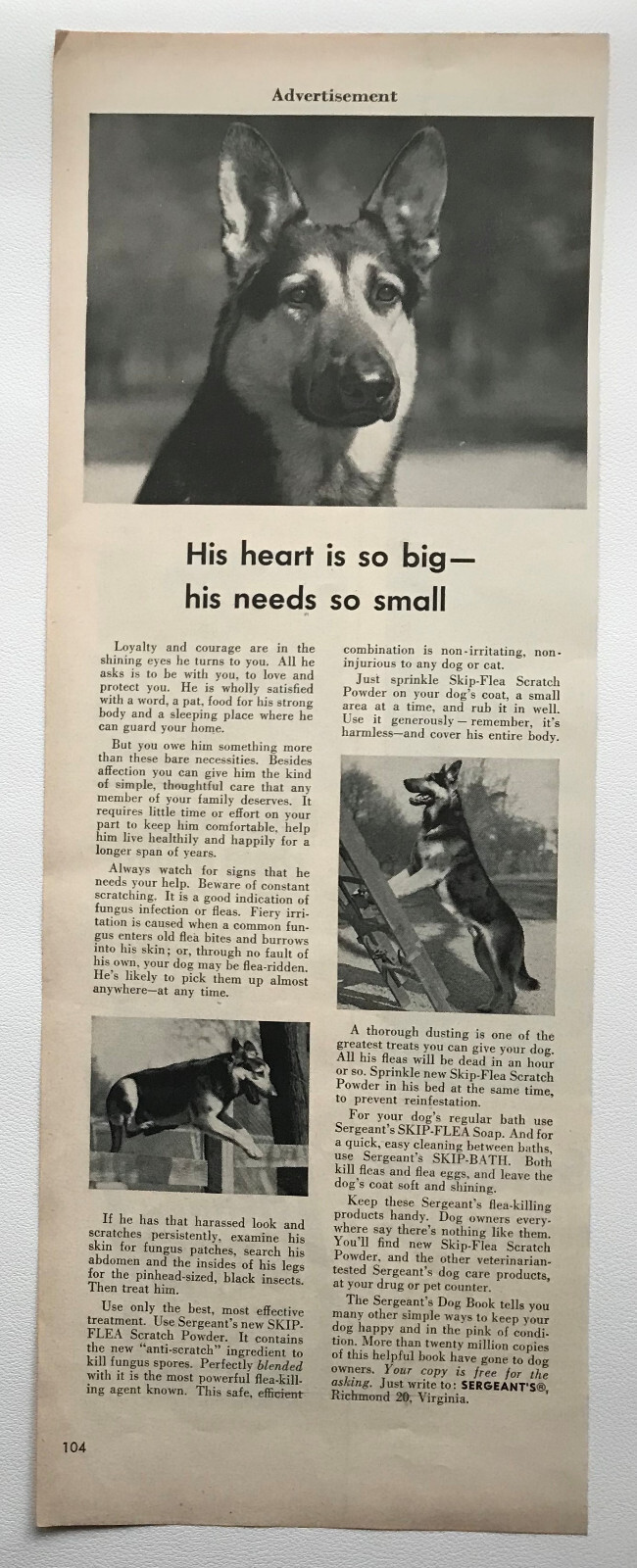 1953 Sergeant\'s Skip-Flea Scratch Powder Soap, Mennen Talcum Vintage Print Ads