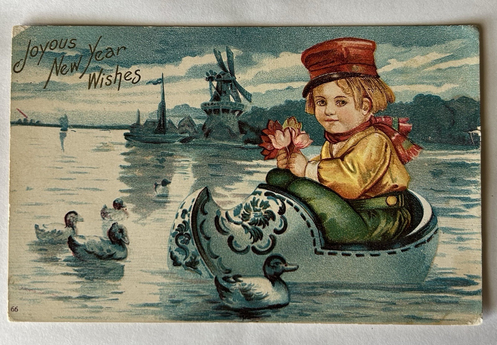Vintage New Year Postcard Dutch Boy Floating in Wooden Shoe Antique Card PC10