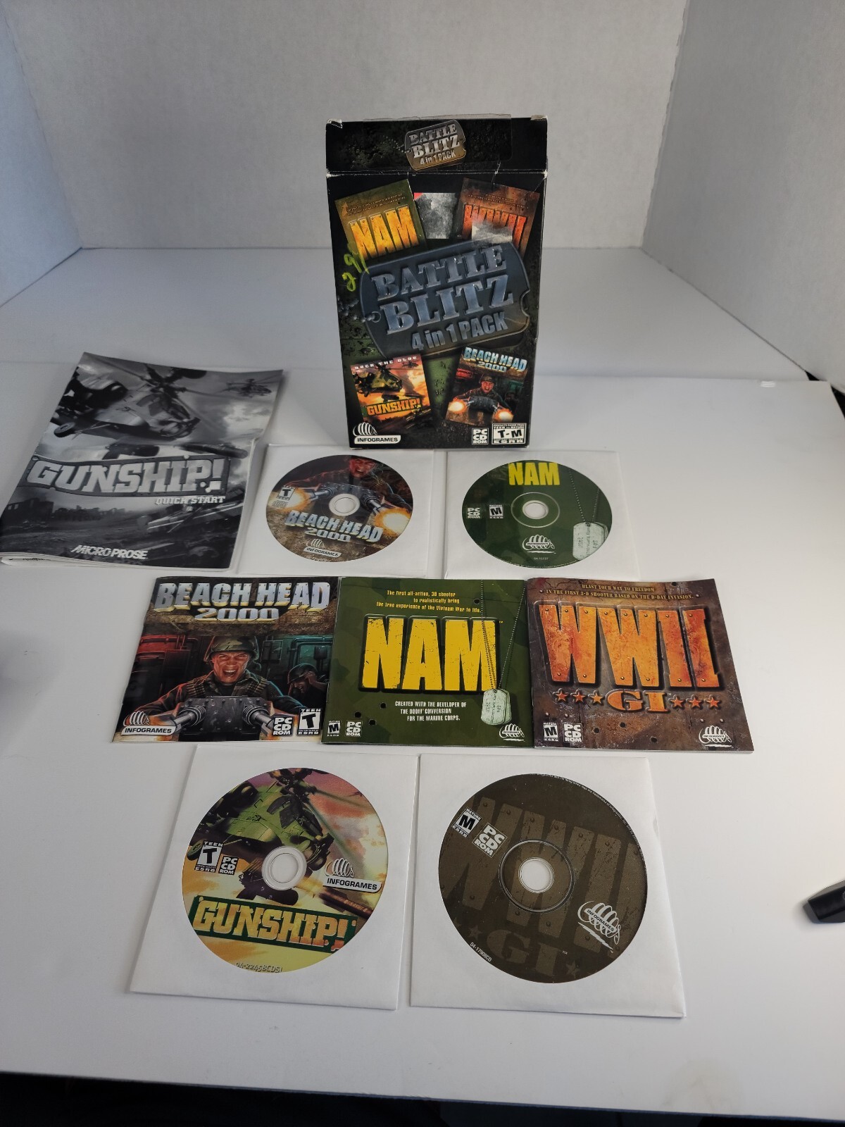 Vintage Battle Blitz 4 IN 1 Pack PC CD-ROM  NAM,GUNSHIP,Beach Head 2000,WW2 GI