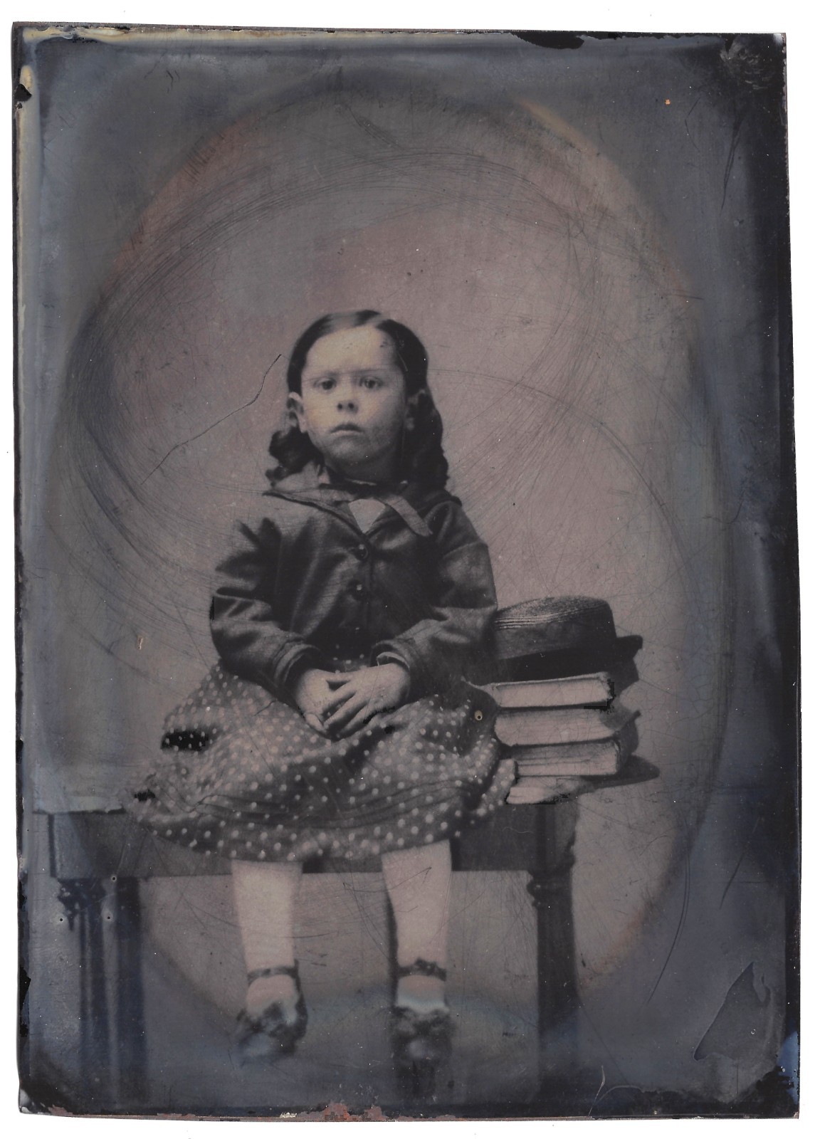 Antique 1870s-1880s Large Tintype Photo School Girl Books Hat 5x7 Victorian Desc