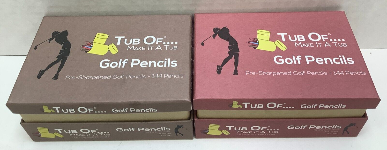 Tub of Golf Pencils, Pre Sharpened, 144ct Box, 2 Lot, 288 Total, Box Colors Vary