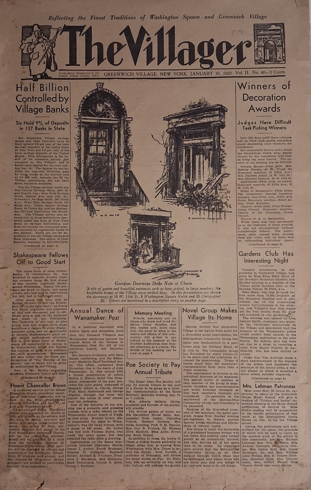 1935 THE VILLAGER Greenwich Village NEW YORK Newspaper Jan 10 