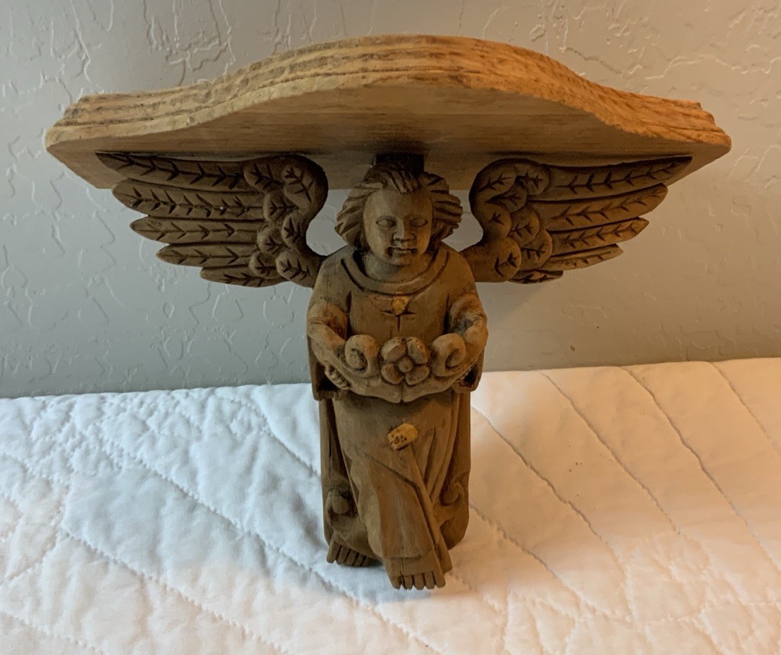 Vintage Mexican Folk Art Shelf With Carved Angel, Wood