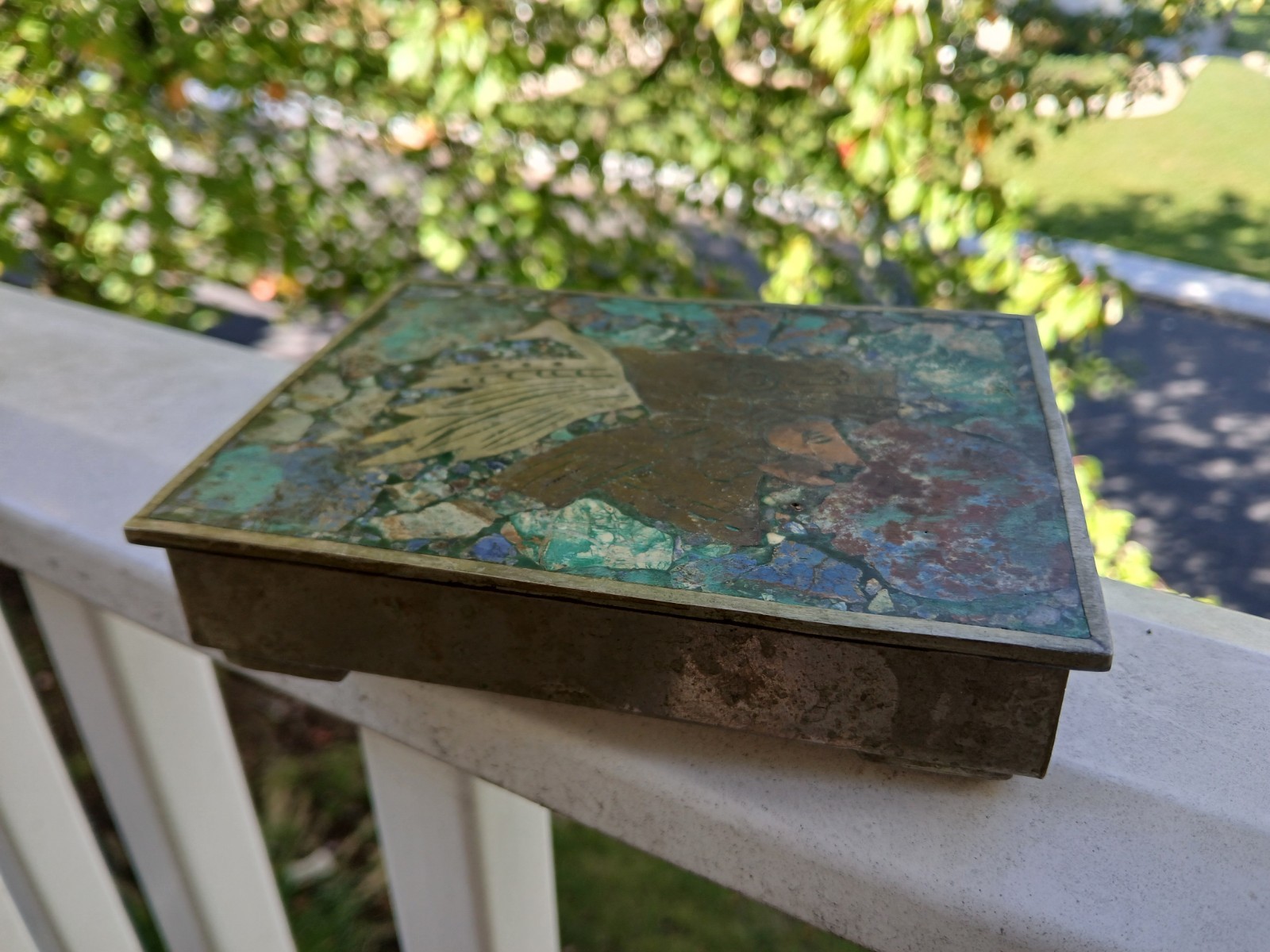 Vintage 1950s Hencho En Mexico Mixed Metals Lidded Box Stone Mosaic Inlay Chief 