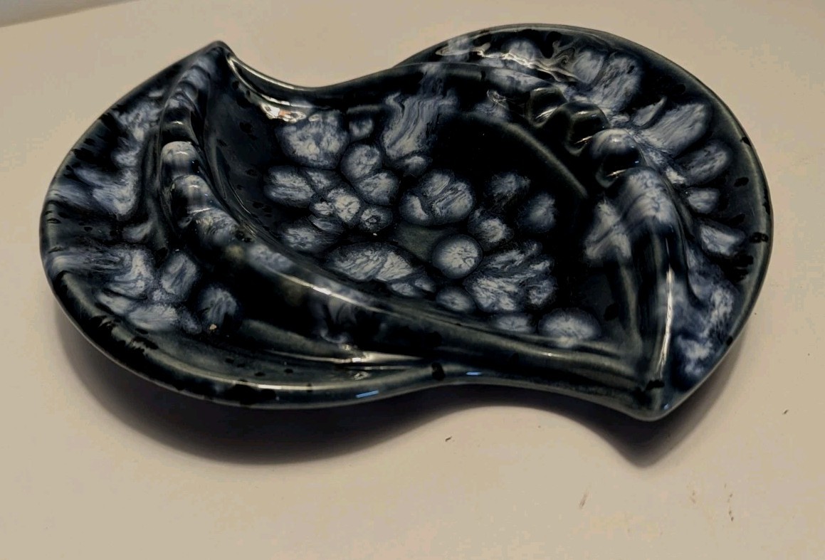 Vintage Blue Gray Ceramic Ashtray MCM Drip Glaze Large 8