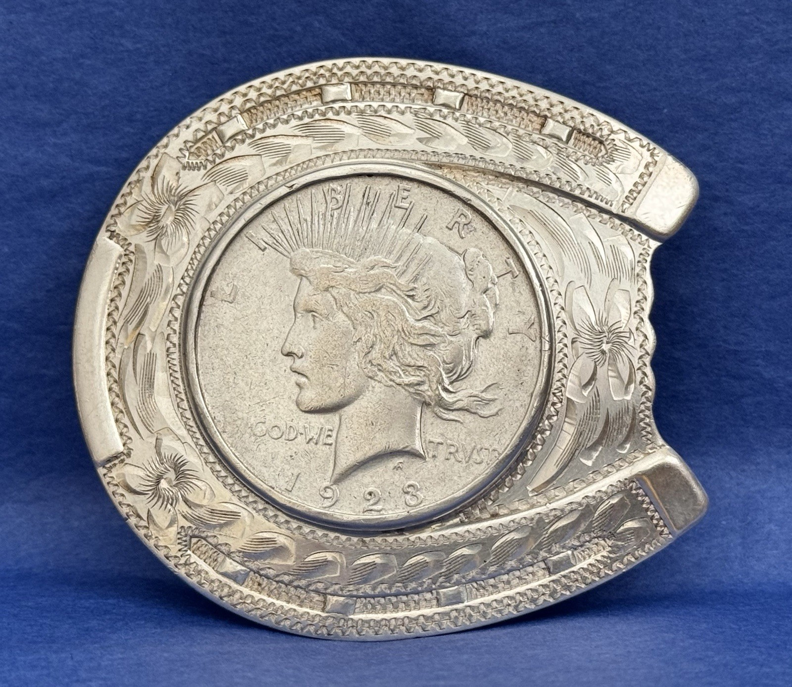 Vintage DIABLO Sterling Silver Horseshoe & 1923 Peace Silver Dollar Belt Buckle