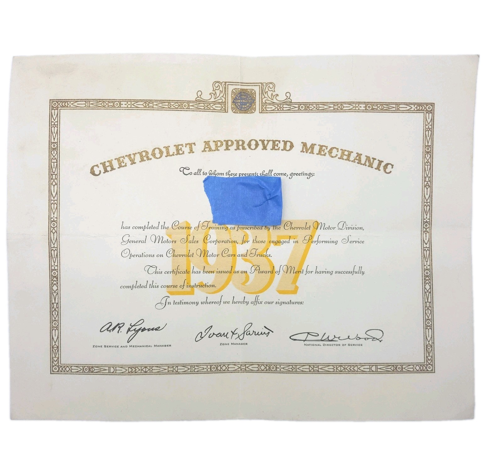 1937 Chevrolet Approved Mechanic Training Certificate Original 14x11 GM Rare