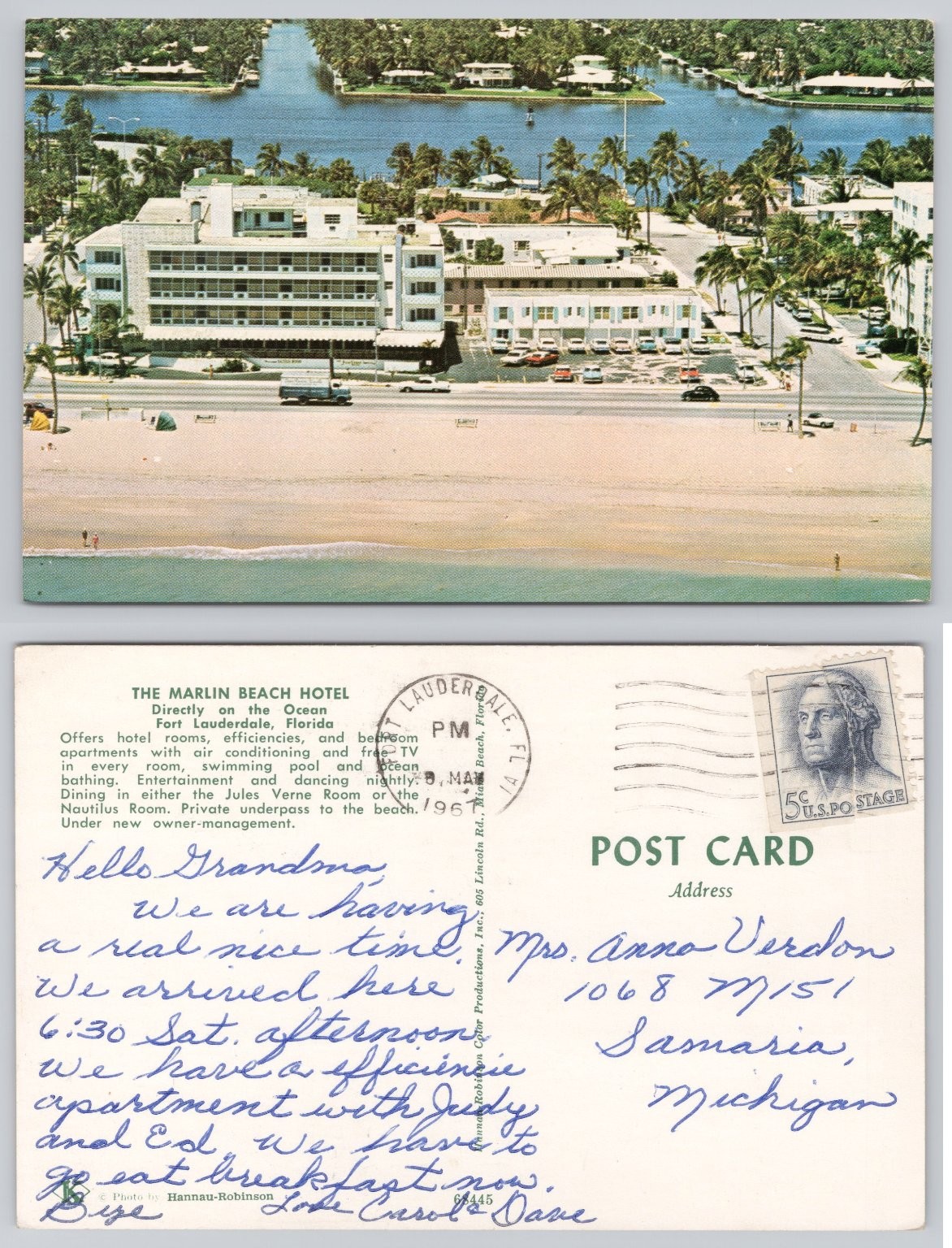 Vintage Marlin Beach Hotel Fort Lauderdale FL Postcard 1967 Aerial View