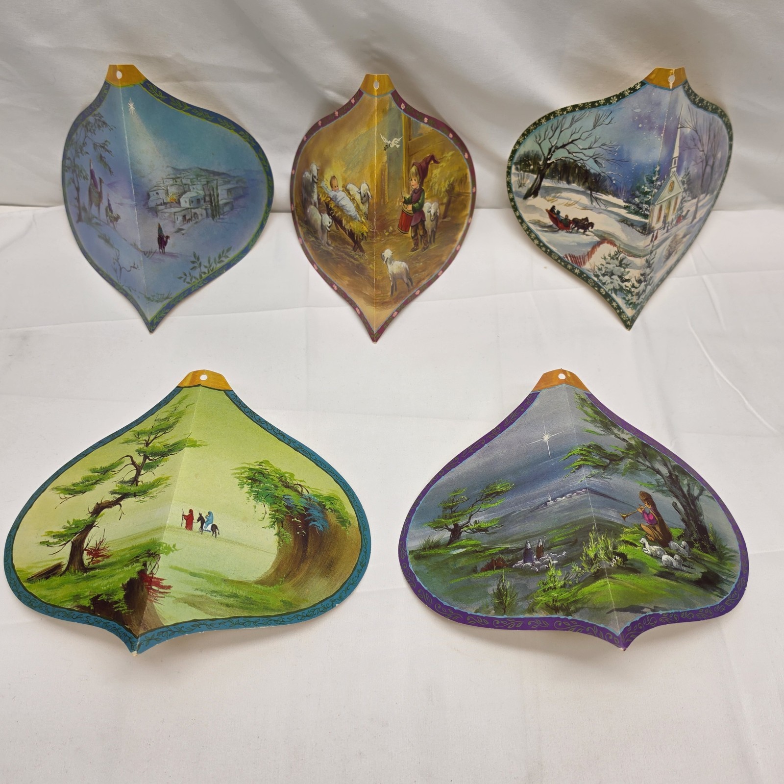 Vintage Fold Out Christmas Ornament Cards Lot 5 Nativity Wise Men Church Mid...